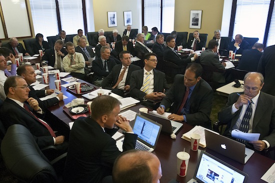 Chris Detrick  |  The Salt Lake Tribune House Republicans listen as Legislative General Counsel John Fellows talks about the possibility of impeaching Attorney General John Swallow in the Utah House Republican caucus room Wednesday June 19, 2013.