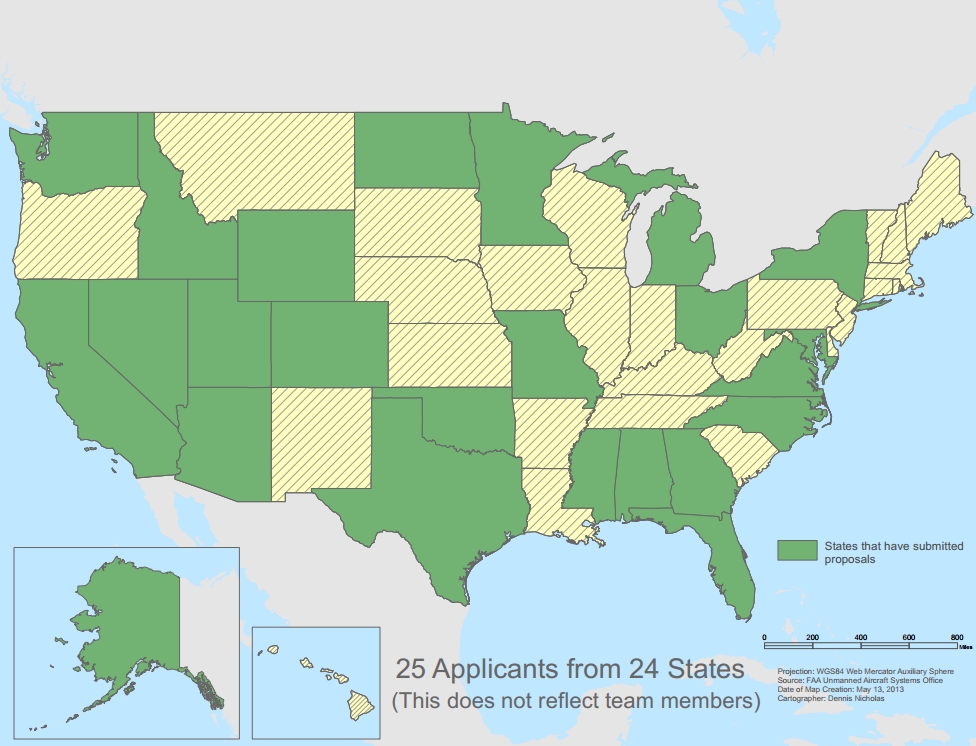 A map of states applying to host commercial drone testing sites. (Source: faa.gov)