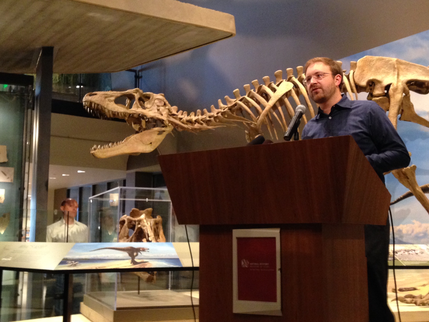 Dr. Randall Irmis speaks at a press conference at the Natural History Museum of Utah on November 6, 2013. Irmis and his team announced the discovery of a previously unknown dinosaur species.