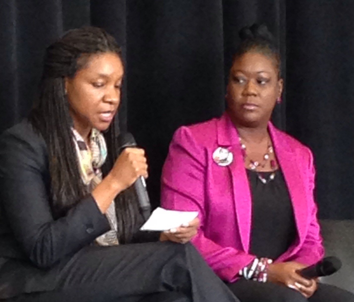 University of Utah Law Professor Erika George (L) reads questions for Sybrina Fulton (R). Fulton was the mother of Trayvon Martin, a slain Florida teenager.