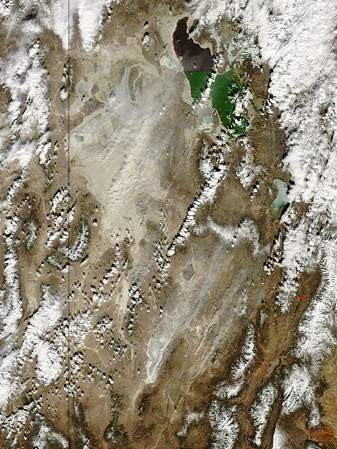 This MODIS satellite image from March 4, 2009, captured a dust event caused by strong easterly winds blowing into the Wasatch Front. (image credit: Jeff Schmaltz MODIS Land Rapid Response Team, NASA GSFC)
