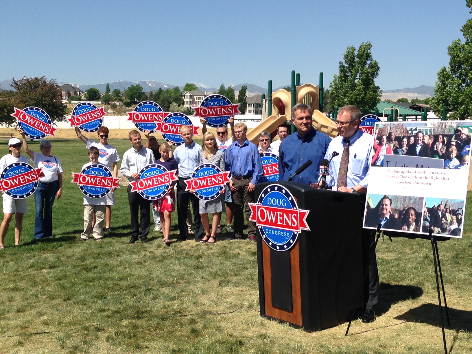 U.S. Rep. Jim Matheson (left) listens to Democratic congressional candidate Doug Owens at a press conference on June 3, 2014.