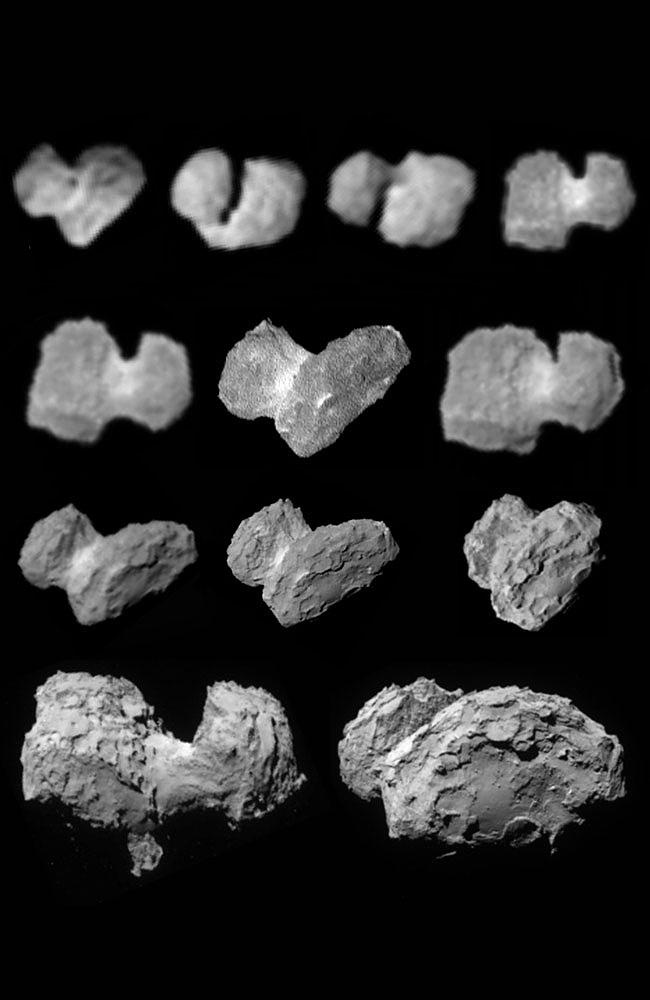 Closeup photos of Comet 67P/Churyumov–Gerasimenko, taken by the ESA's Rosetta probe on August 6, 2014.