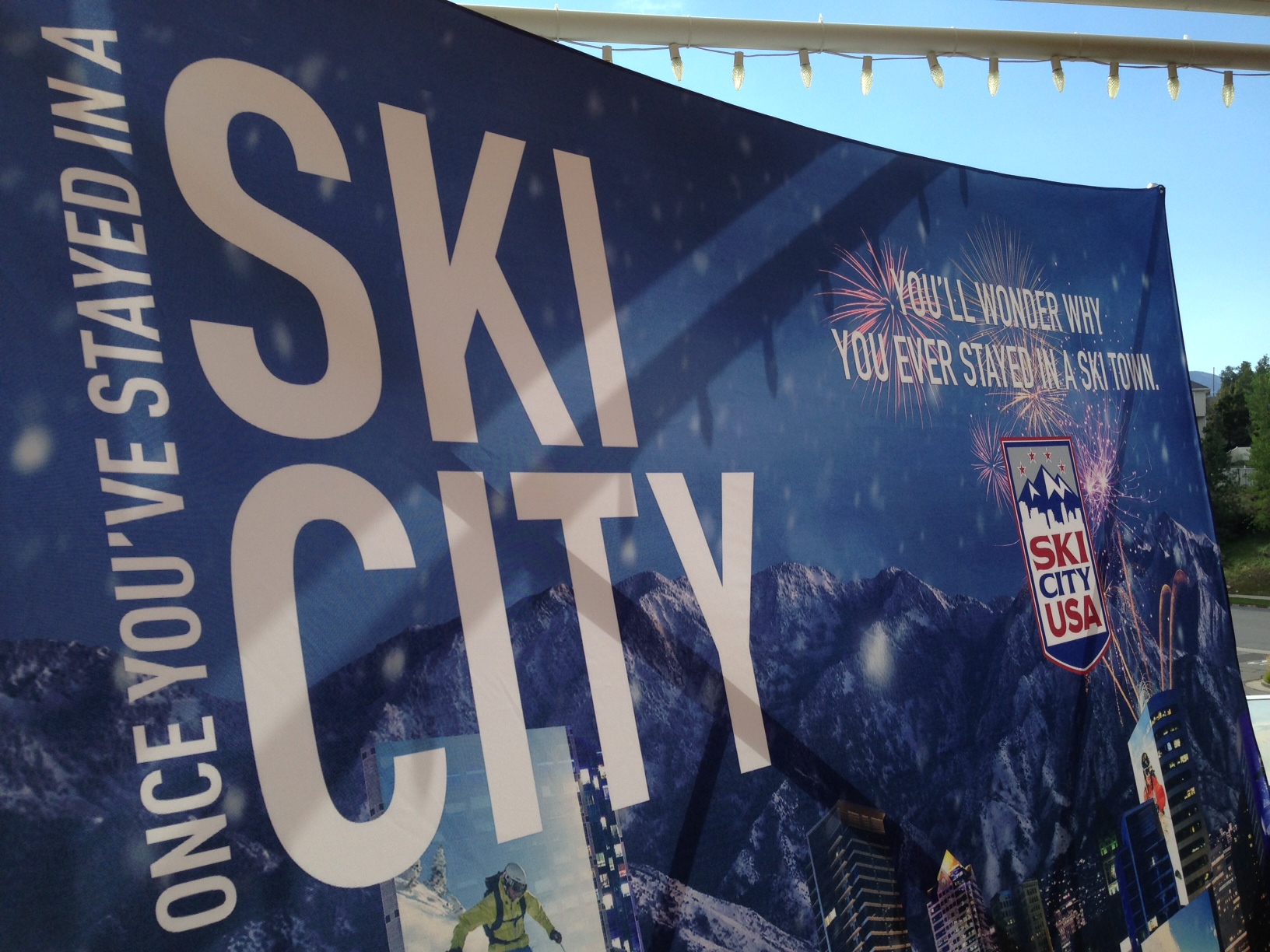 A promotional banner at the "Ski City USA" launch on September 16, 2014.